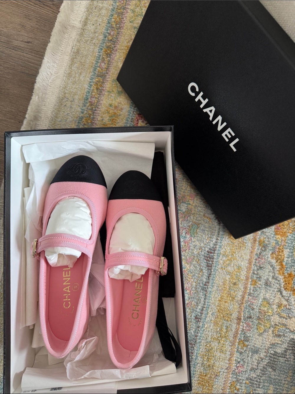 CHANEL Pink and Black Mary Jane Canvas Flats with Gold Buckle